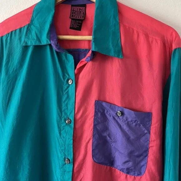 Freeze Frame Vintage 90s 100% Silk Colorful Button Down Blouse size large - Picture 4 of 5